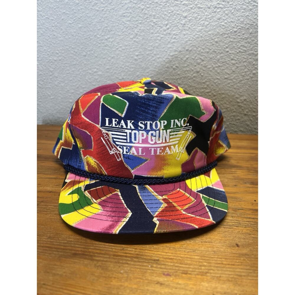 Vintage Nissin Cap Leak Stop Inc Top Gun Seal Team Snapback 90s Abstract Print